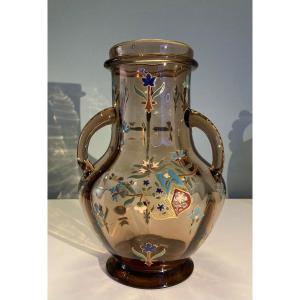 Vase En Verre Fumé, émaillé à Chaud, France Vers 1880