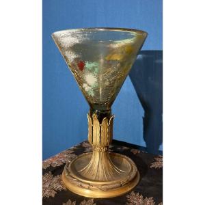 Cracked Glass Bowl And Inclusion On Art Nouveau Style Bronze Base 