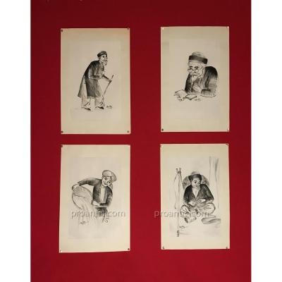 Suite De Quatre Portraits à L’encre De Chine Sur Soie, Vietnam Vers 1950, Signés Beky