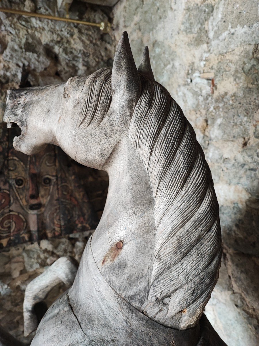 Ancien Cheval De Manège  carrousel art forain Bois Naturel -photo-3