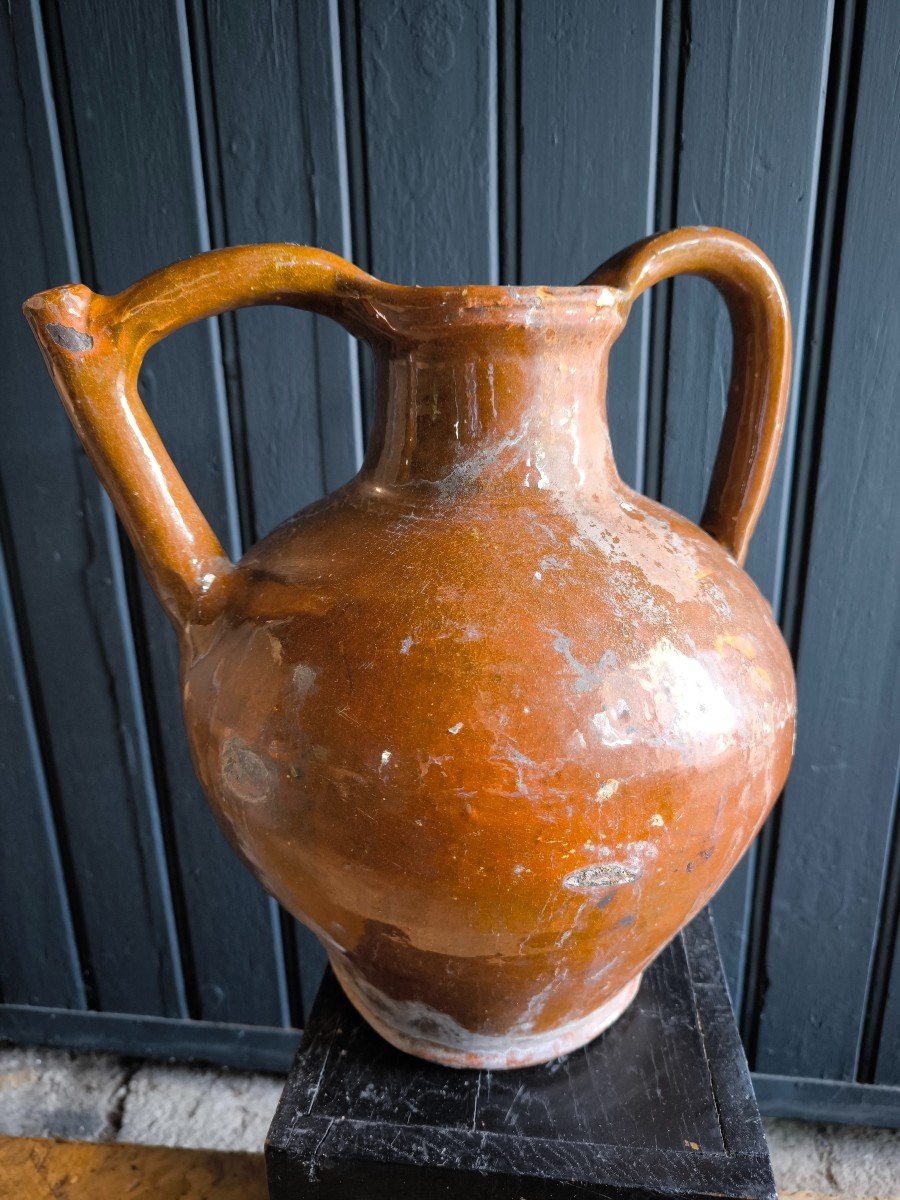 Pitcher Jar Jug Orjol Glazed Terracotta XIXth From South West France -photo-2