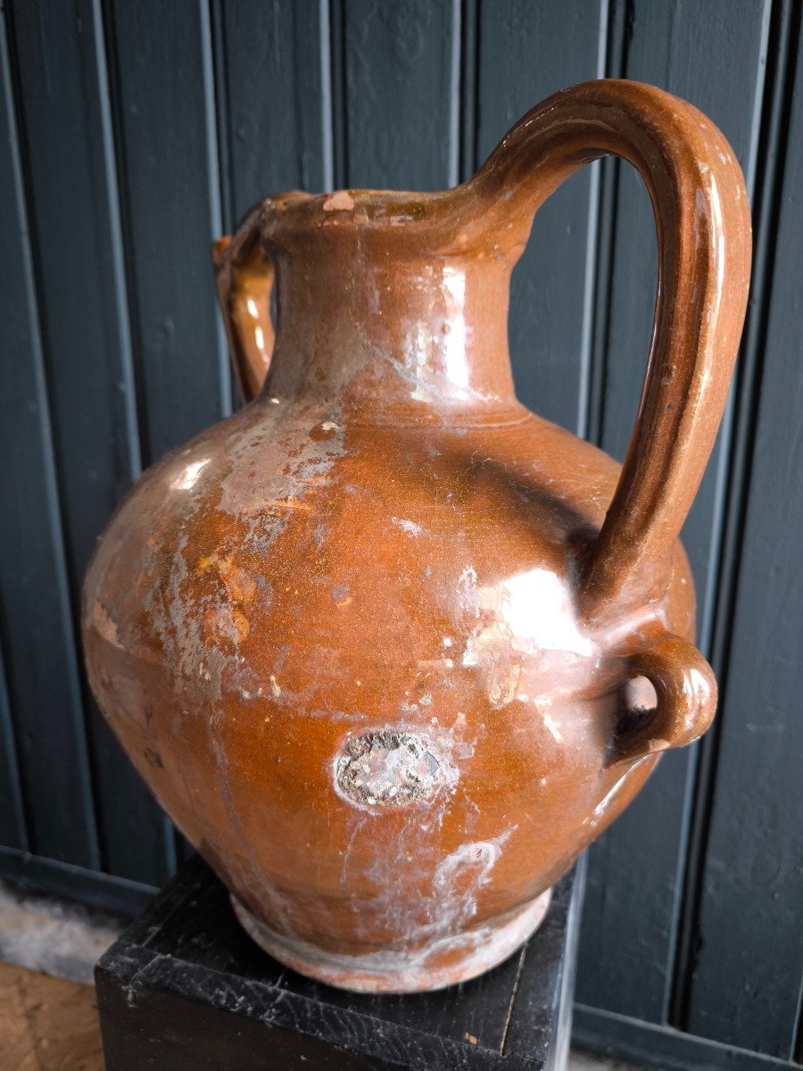 Pitcher Jar Jug Orjol Glazed Terracotta XIXth From South West France -photo-3