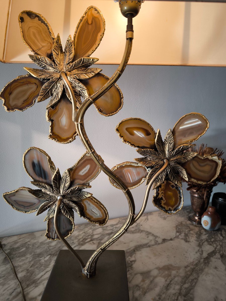 Bronze Brass Lamp Deco 70 .vintage.chic.duval Brasseur Style.agate Flowers.-photo-1