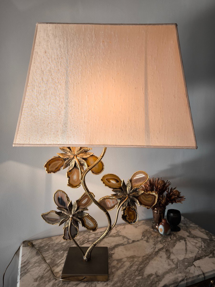 Bronze Brass Lamp Deco 70 .vintage.chic.duval Brasseur Style.agate Flowers.-photo-2