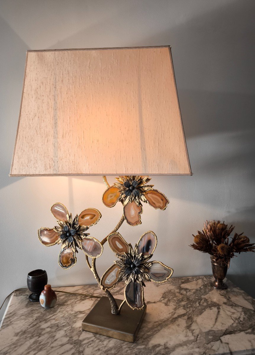 Bronze Brass Lamp Deco 70 .vintage.chic.duval Brasseur Style.agate Flowers.