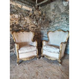 Pair Of Baroque Armchairs Gilded With Leaf Italy 19th