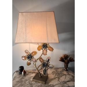 Lampe bronze laiton Deco 70 .vintage.chic.style Duval Brasseur.fleurs Agates.