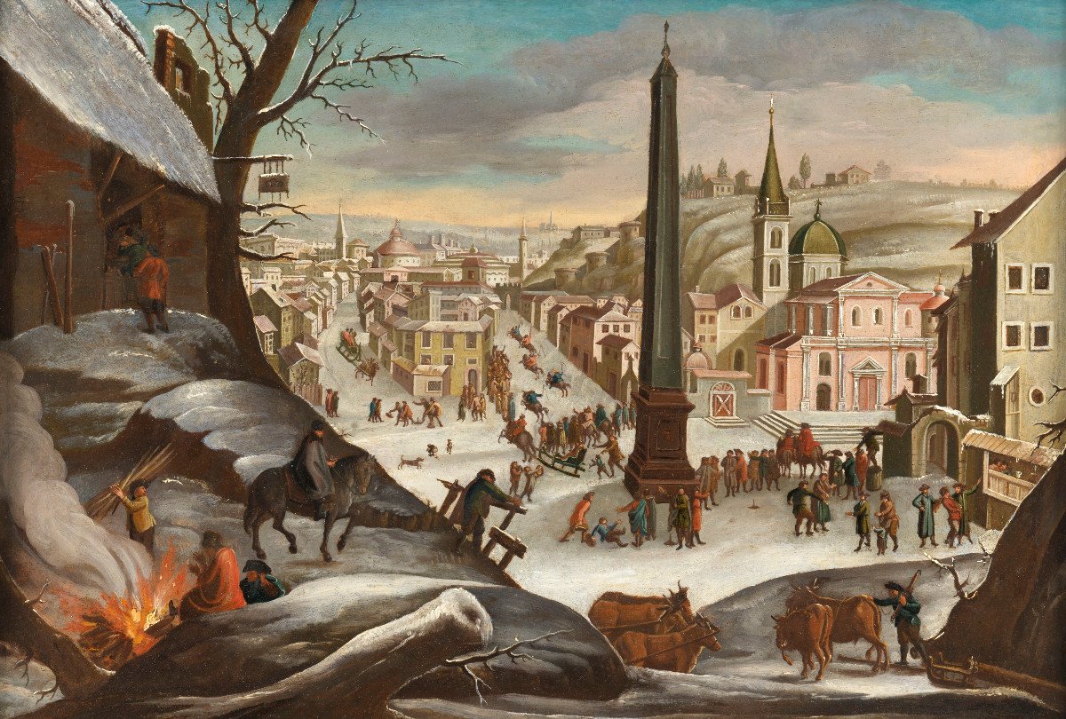 Fanciful View Of The Piazza Del Popolo In Winter - 17th Century Flemish School-photo-2