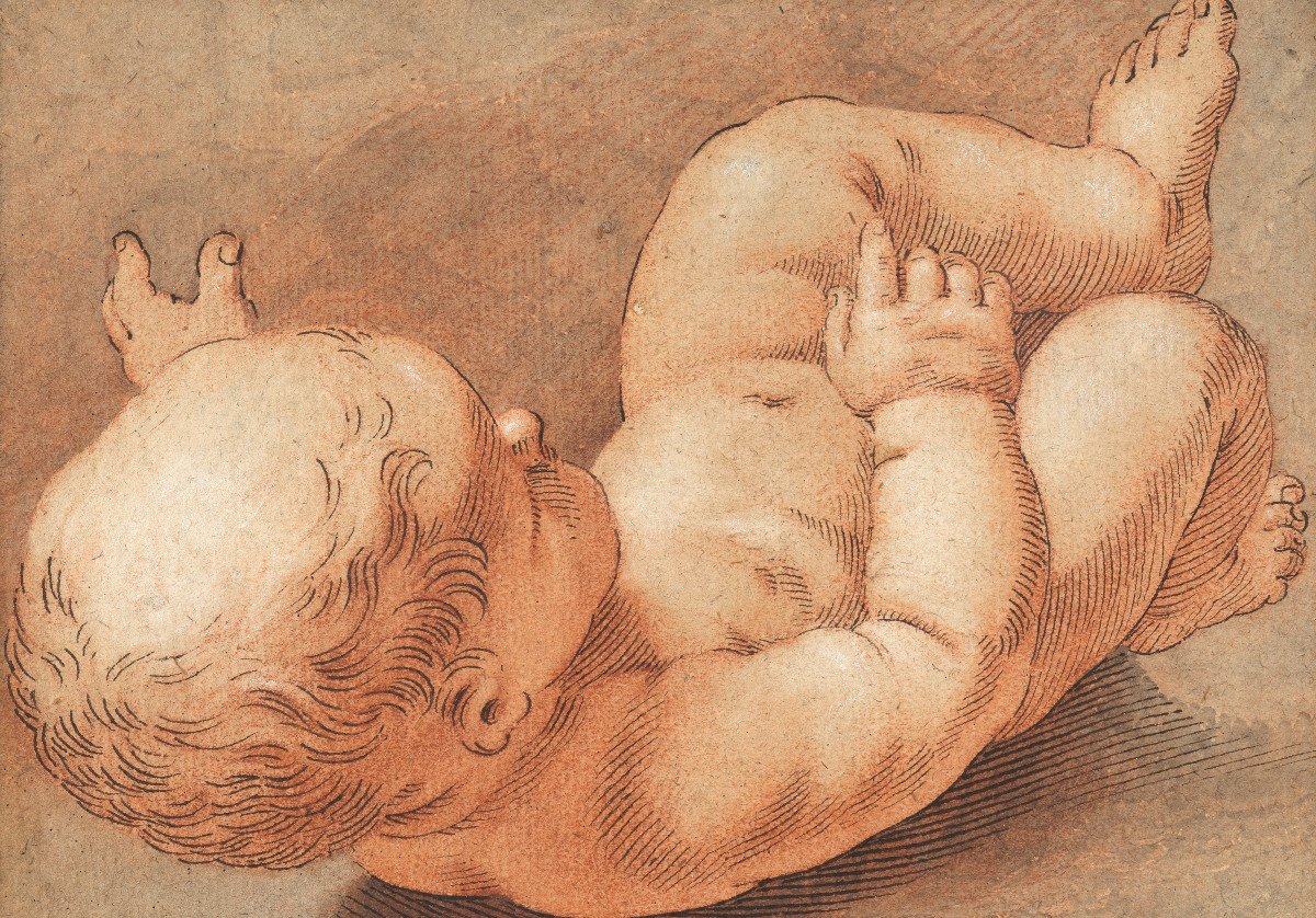 Study Of Baby Jesus For A Nativity. Italian School Of The 17th Century.