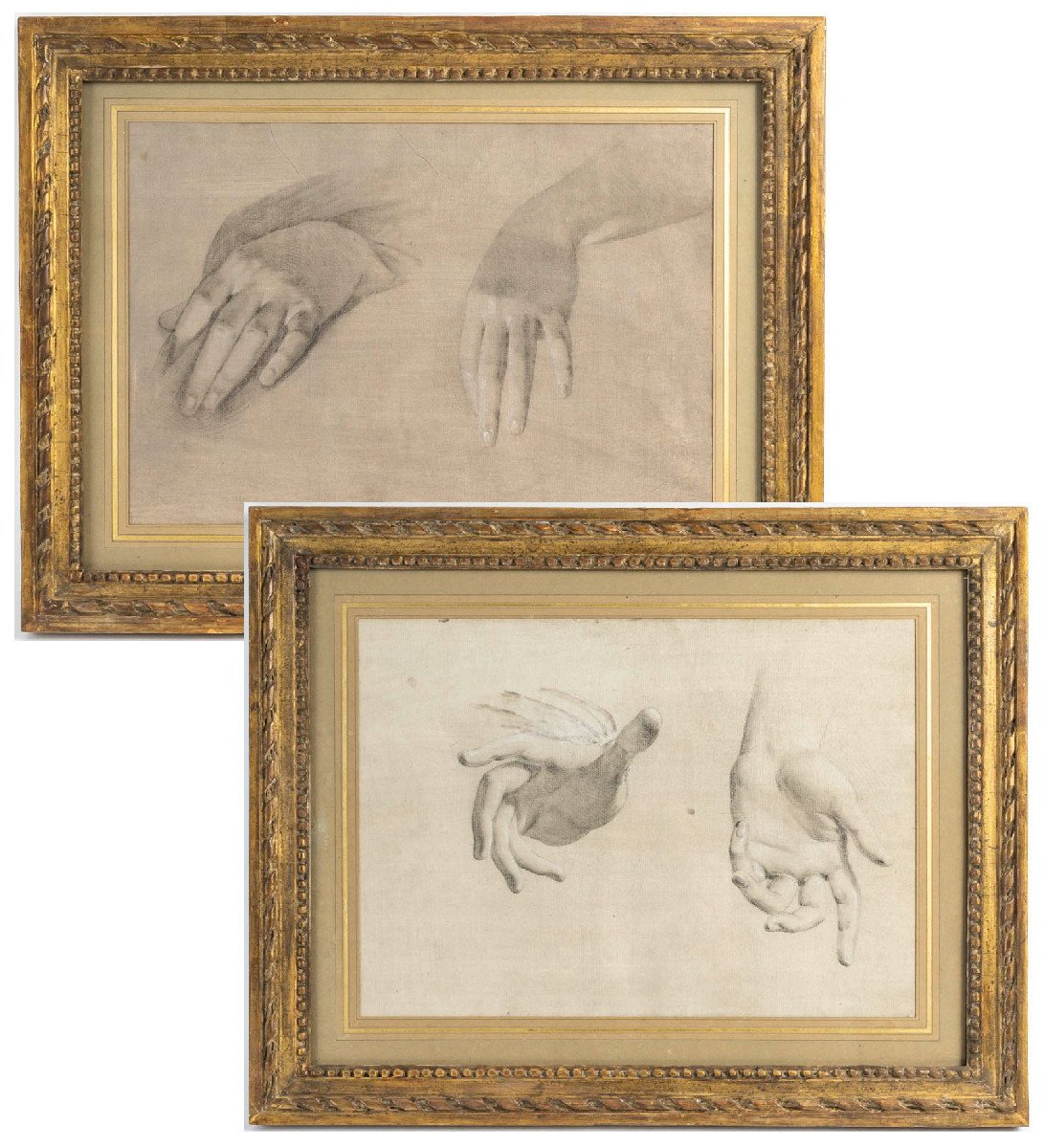 Etudes De Mains, Paire De Dessins. Ecole Italienne Du XVIIIe Siècle