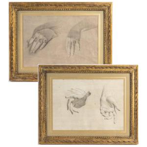 Studies Of Hands, Pair Of Drawings. Italian School Of The 18th Century