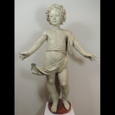 Putto Polychrome Carved Wooden 107cm - Italy 17th Century Ru