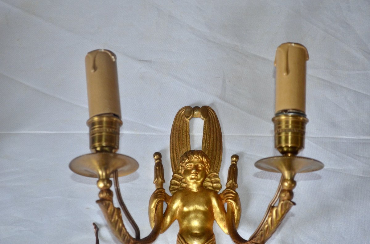 Pair Of Gilt Bronze Sconces With Cherubs XIXth Century-photo-1