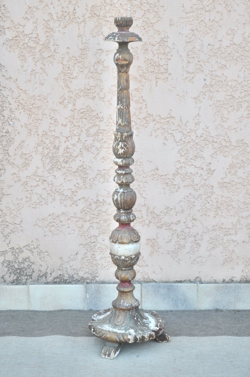 Polychrome Wooden Candlestick Early 19th Century-photo-2