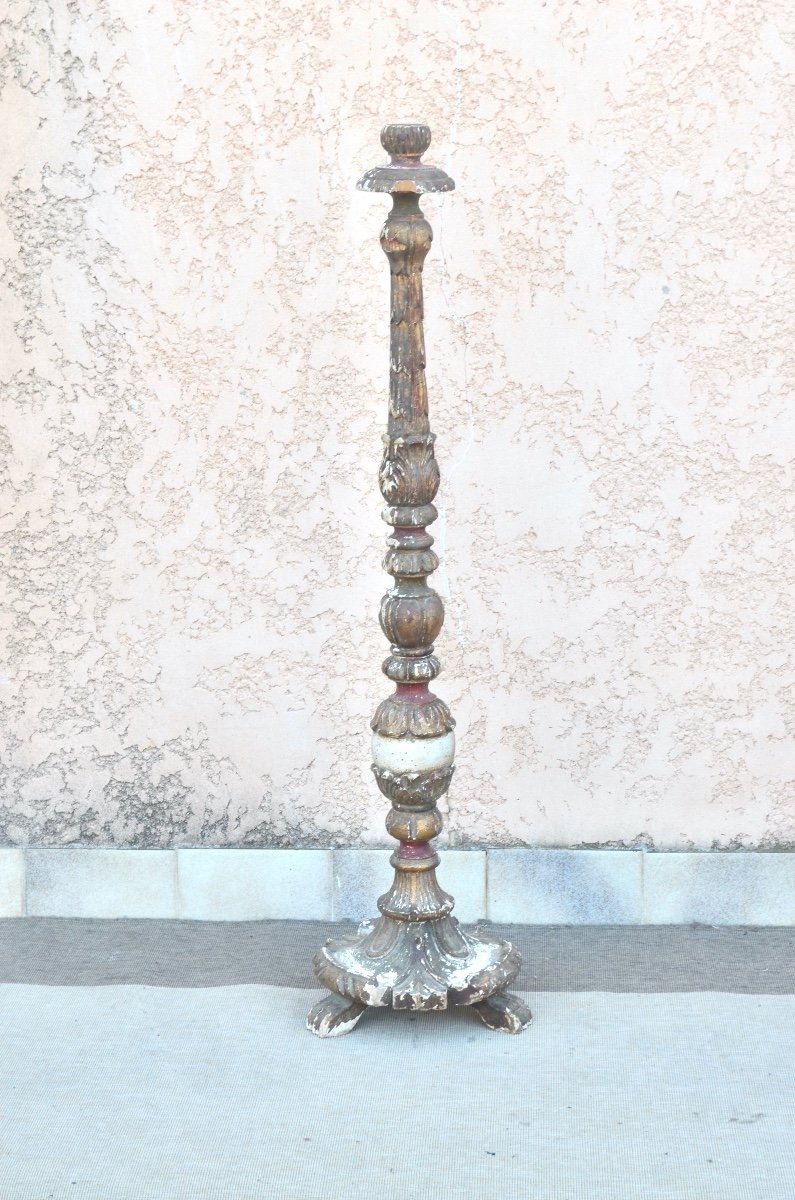 Polychrome Wooden Candlestick Early 19th Century-photo-3