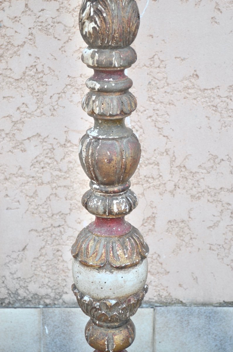 Polychrome Wooden Candlestick Early 19th Century-photo-1