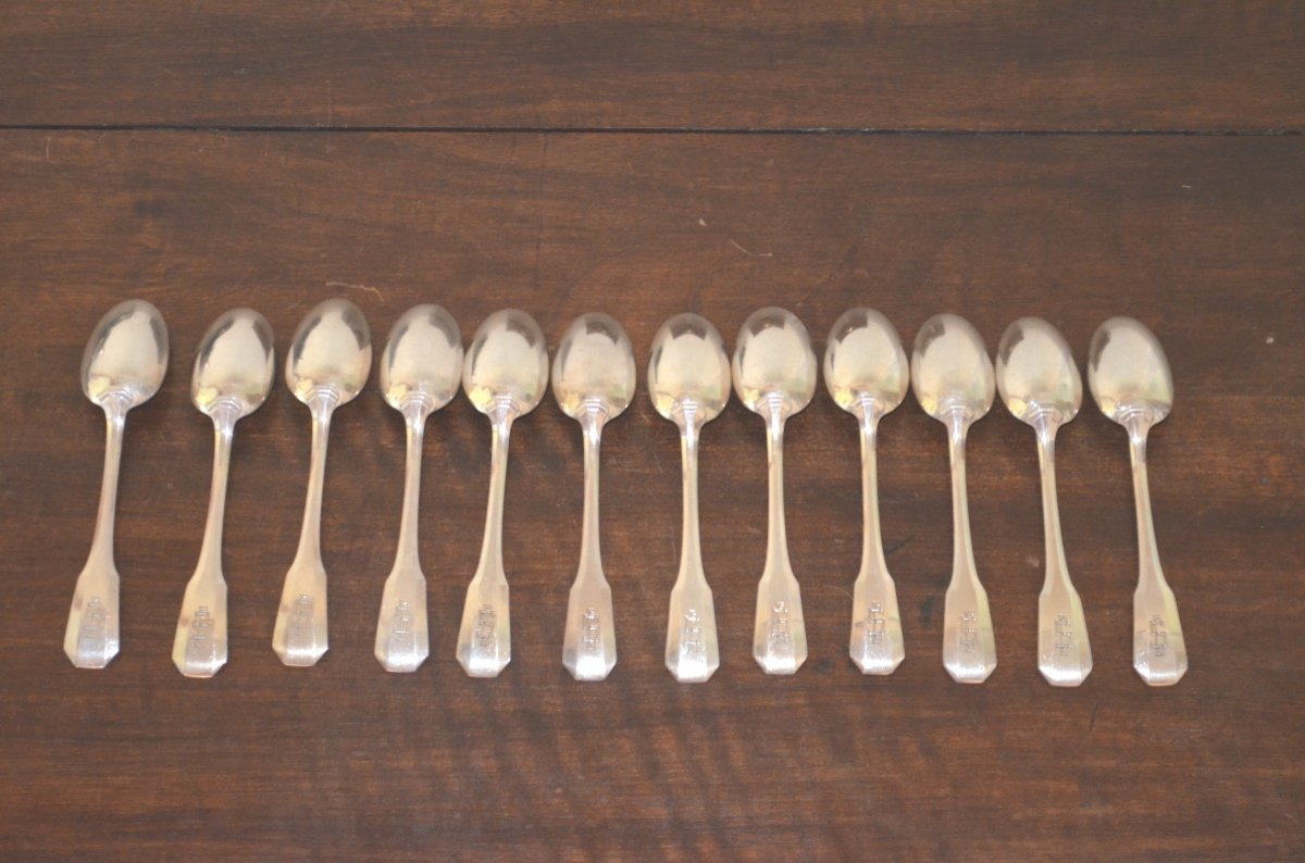 Suite Of 12 Dessert Spoons In Sterling Silver Art Deco Period -photo-4