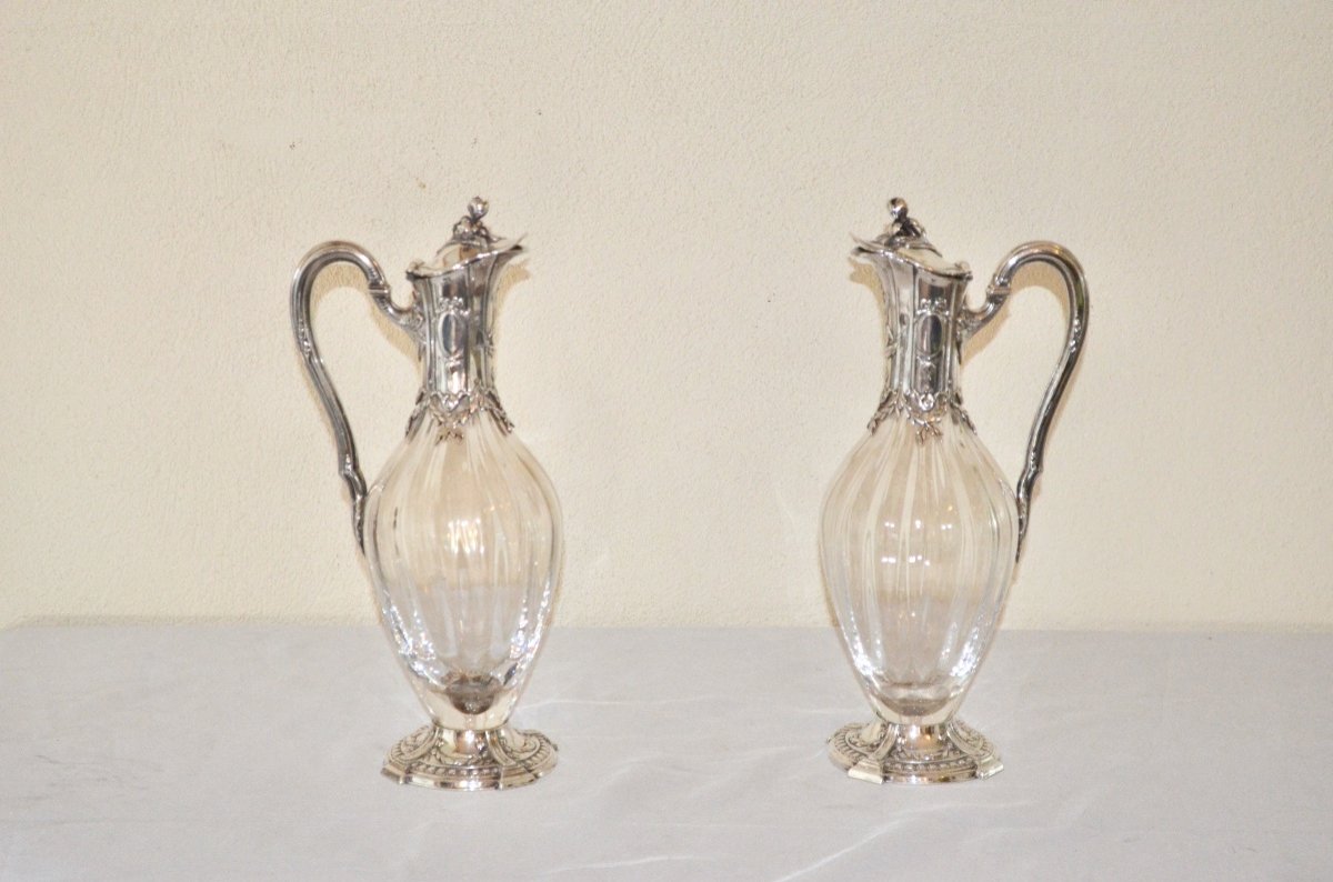 Pair Of Large Sterling Silver And Crystal Ewers By Tetard Frères -photo-3