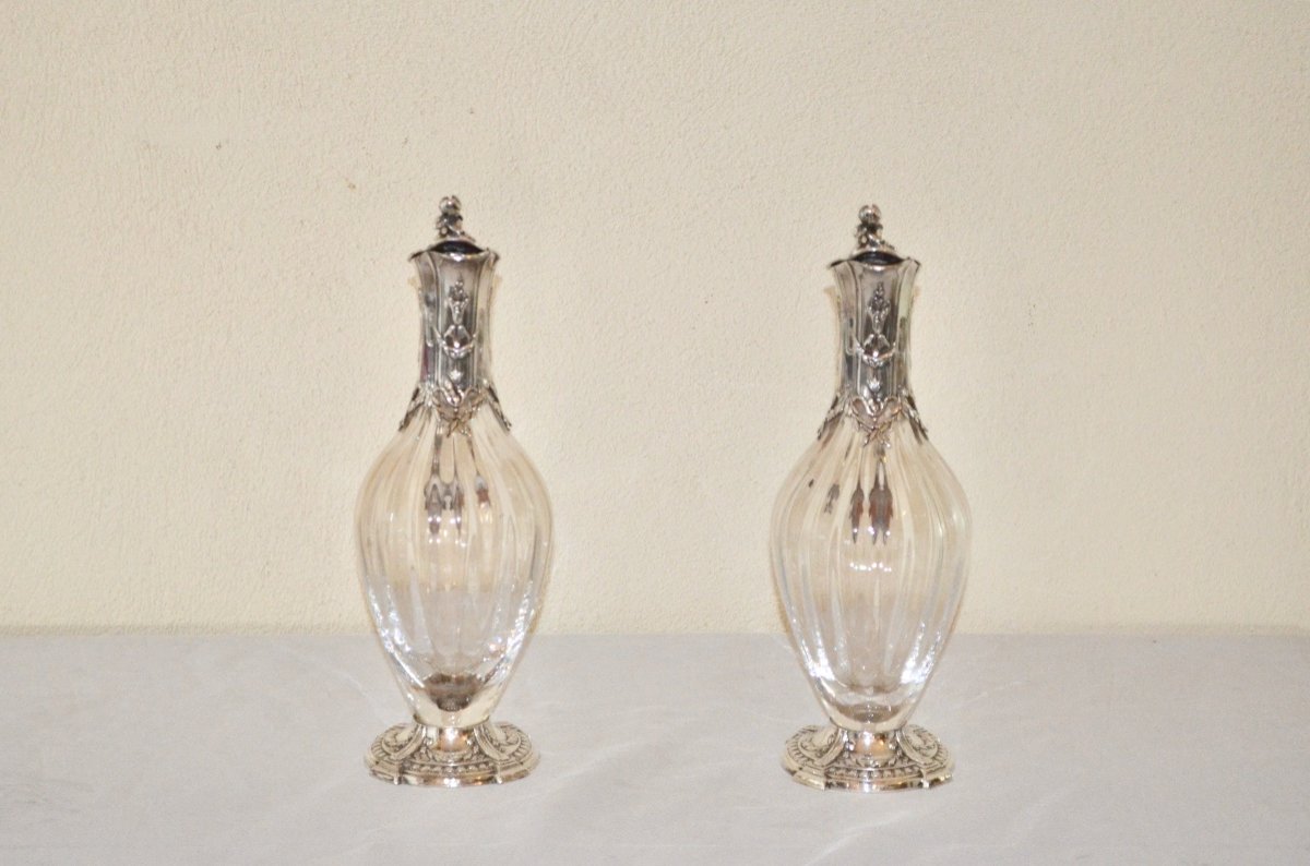 Pair Of Large Sterling Silver And Crystal Ewers By Tetard Frères 