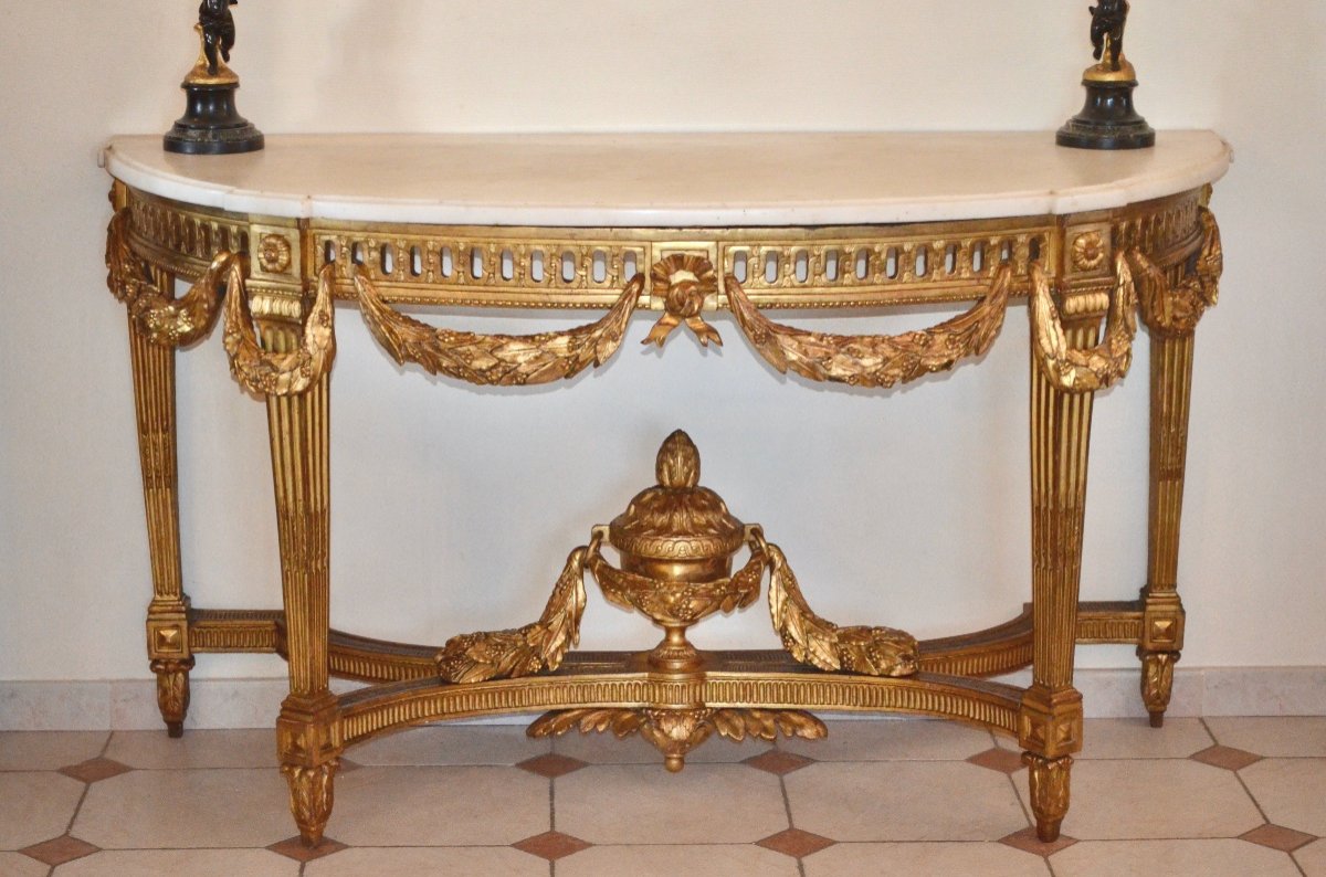 Grande Console Demi Lune En Bois Doré d'époque Louis XVI-photo-2