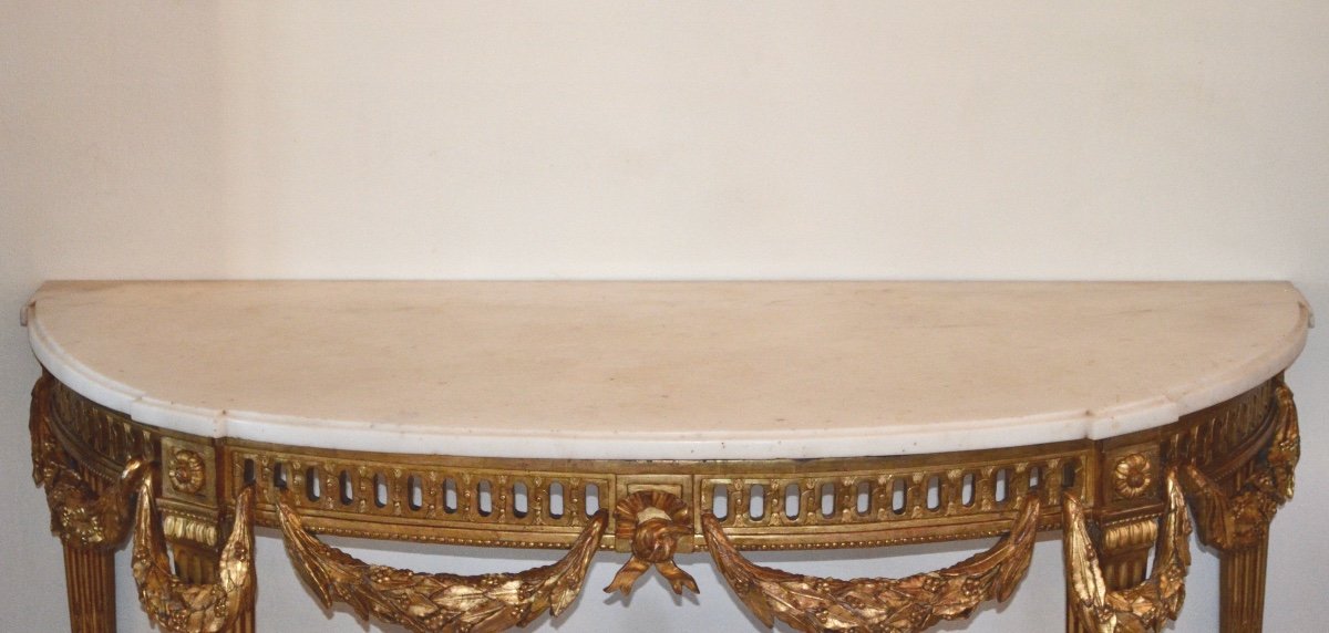 Grande Console Demi Lune En Bois Doré d'époque Louis XVI-photo-3