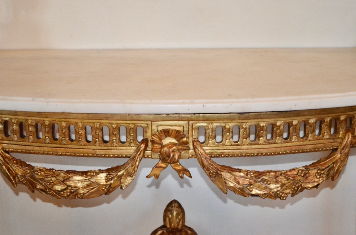 Grande Console Demi Lune En Bois Doré d'époque Louis XVI-photo-4