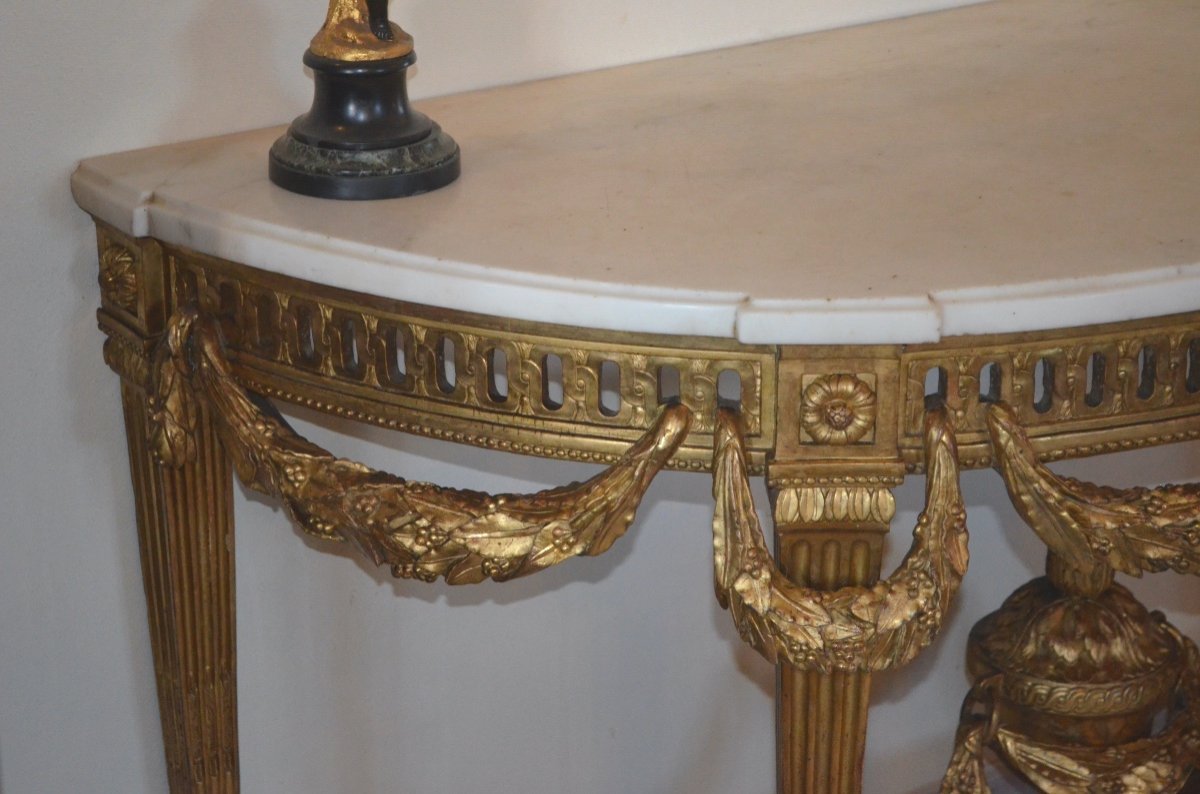 Grande Console Demi Lune En Bois Doré d'époque Louis XVI-photo-1