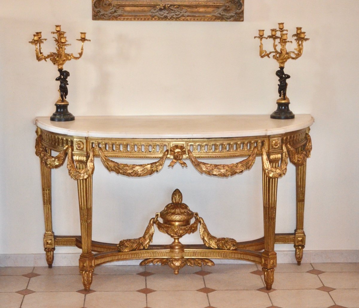 Grande Console Demi Lune En Bois Doré d'époque Louis XVI