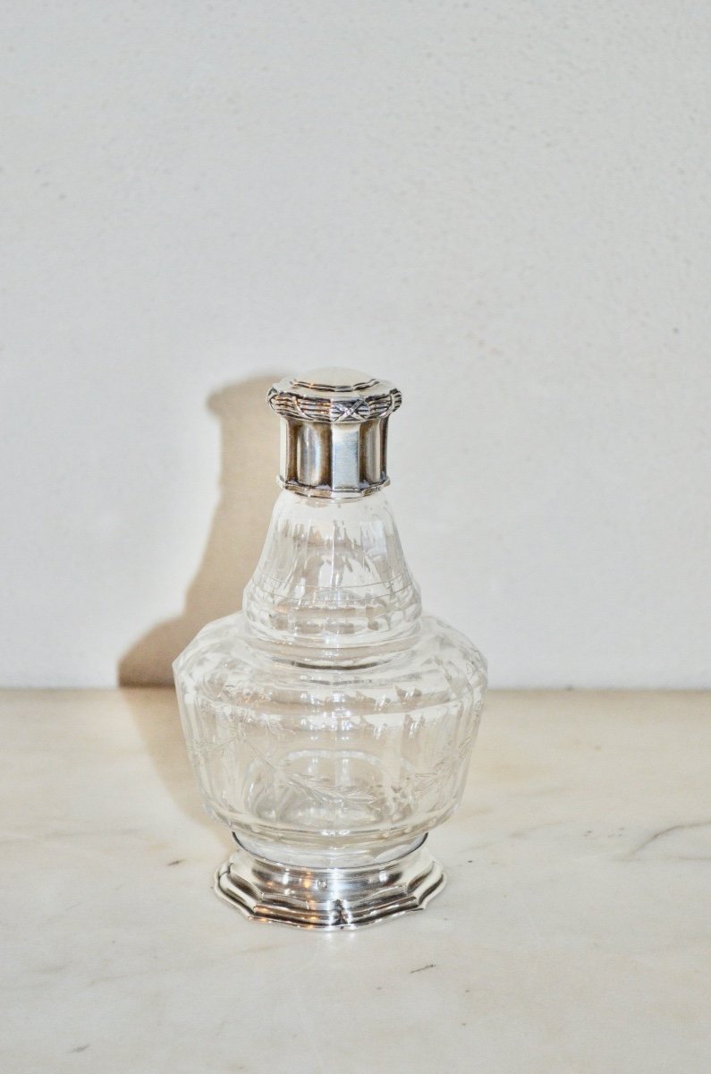 19th Century Engraved Sterling Silver And Crystal Bottle-photo-2