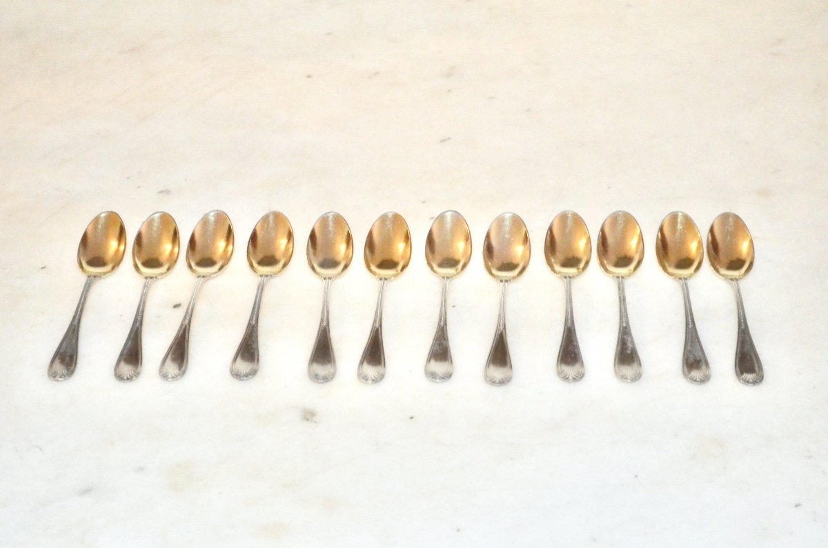 Set Of 12 Mocha Spoons In Solid Silver And Vermeil-photo-2