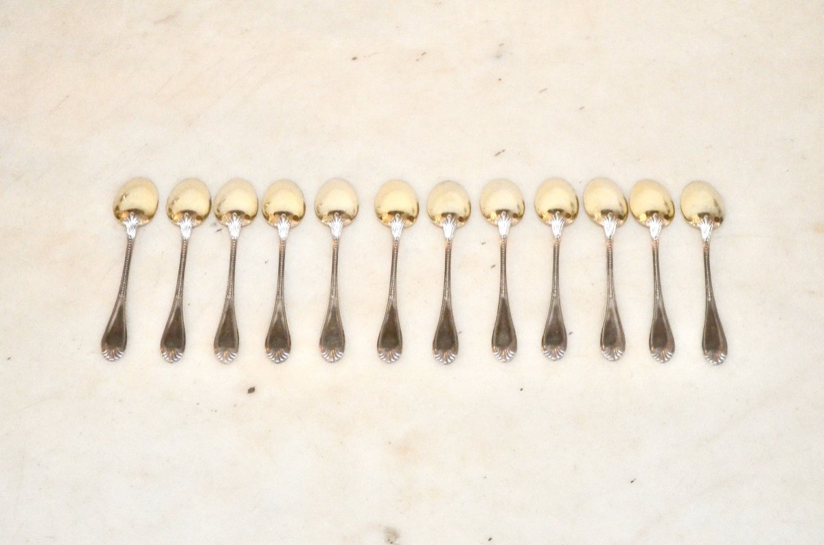 Set Of 12 Mocha Spoons In Solid Silver And Vermeil-photo-3