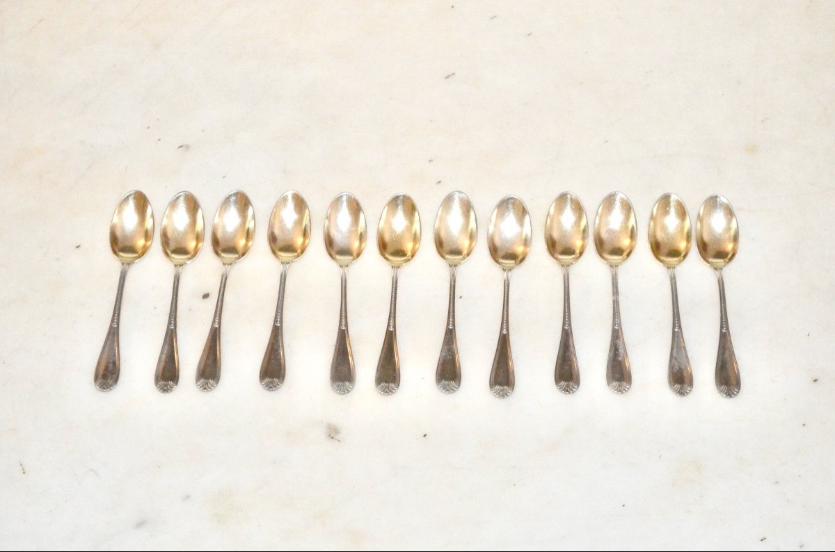 Set Of 12 Mocha Spoons In Solid Silver And Vermeil