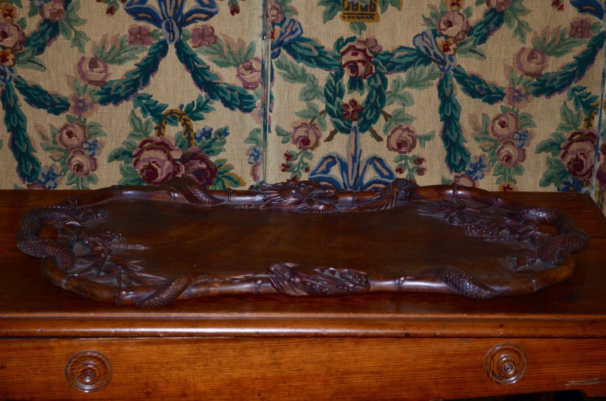 Large Tray In Exotic Wood Time End 19th Century-photo-3