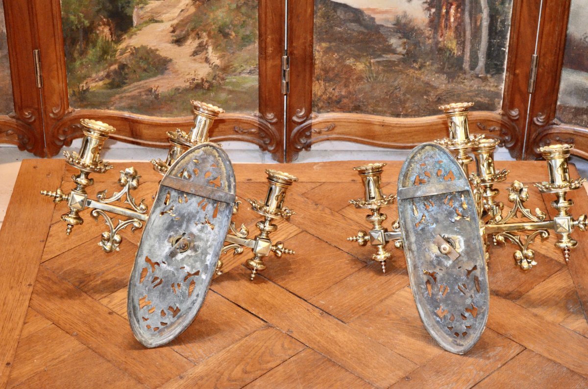 Pair Of Gilt Bronze Sconces In Neo-gothic Style 19th Century-photo-2