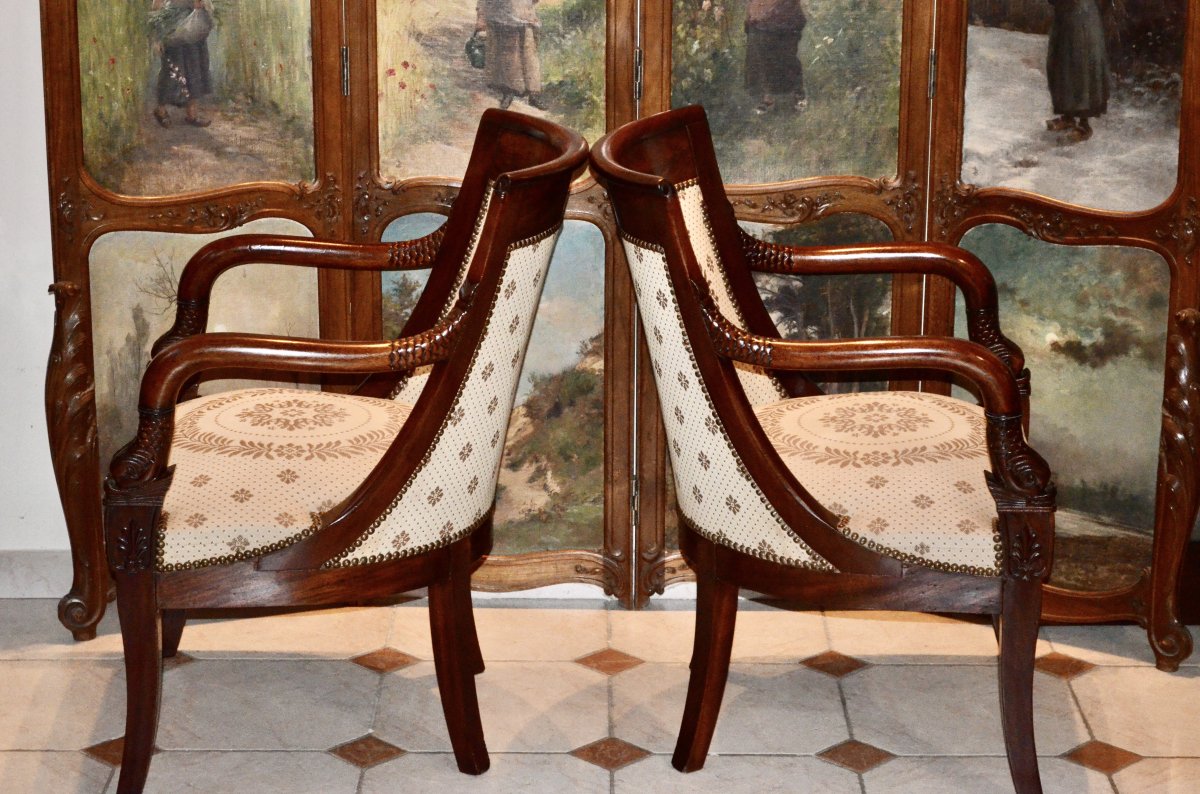 Pair Of Gondola Armchairs In Mahogany Empire Period-photo-2