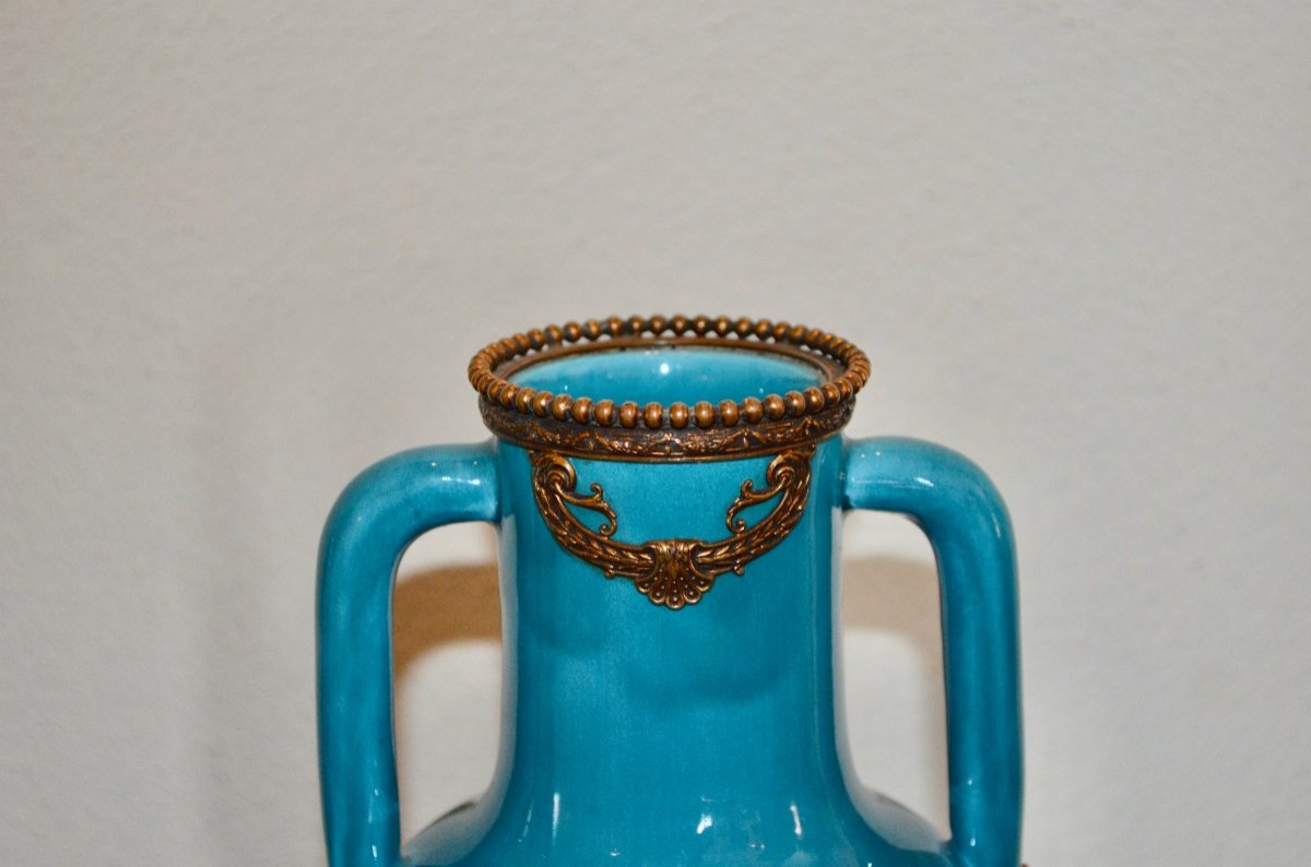 Vase En Céramique Bleu Turquoise et bronze doré Fin XIXeme Siècle -photo-1