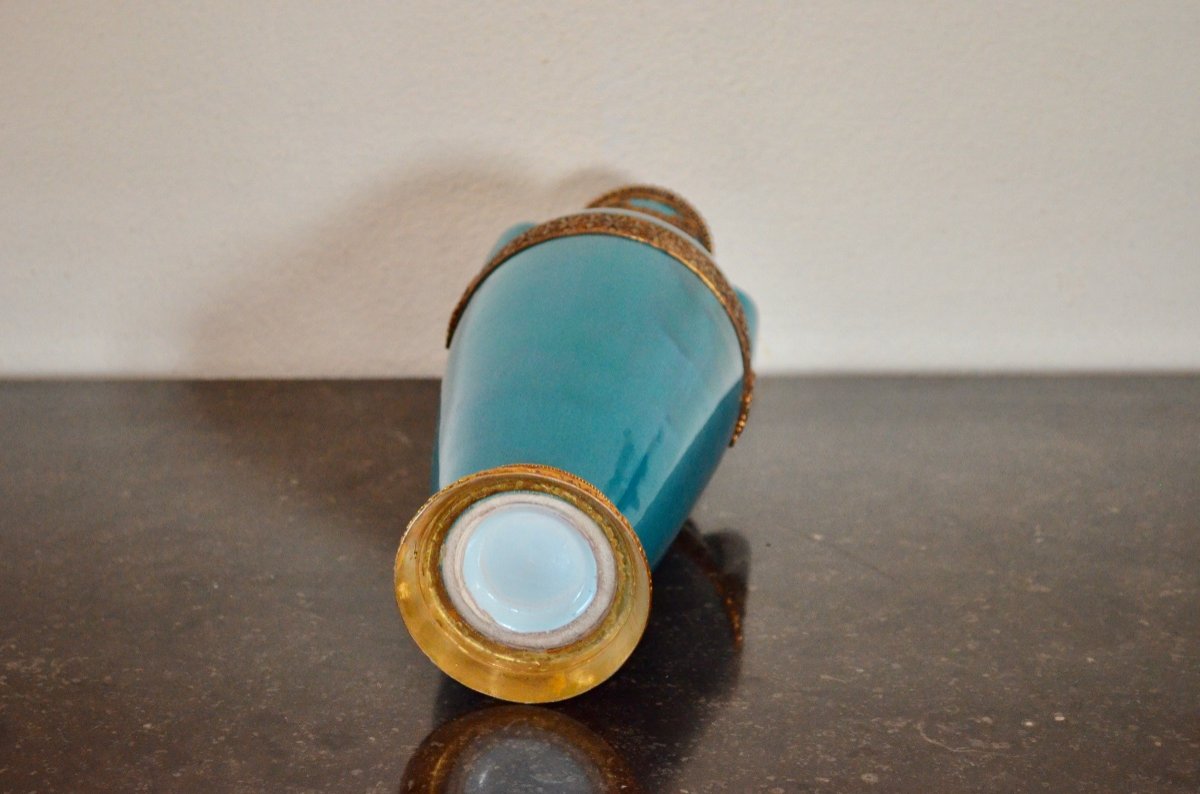 Turquoise Blue Ceramic Vase And Gilded Bronze End XIXth Century-photo-4