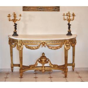 Grande Console Demi Lune En Bois Doré d'époque Louis XVI