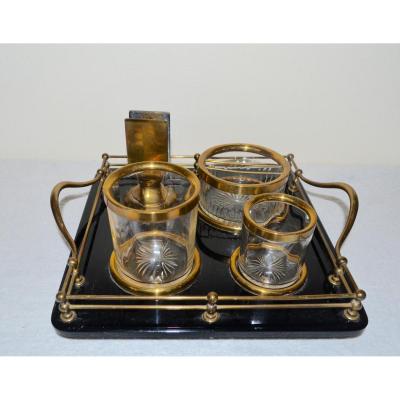 Old Crystal, Opaline And Brass Smoker Kit