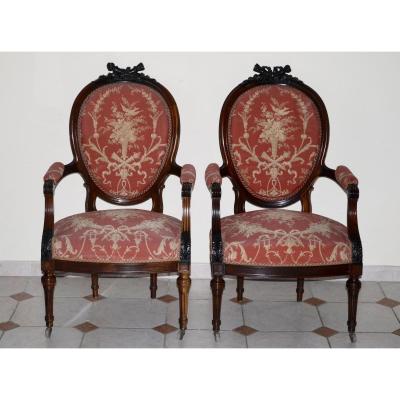 Pair Of Armchairs A Medallion Napoleon III In Rosewood