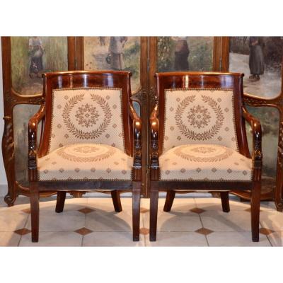 Pair Of Gondola Armchairs In Mahogany Empire Period