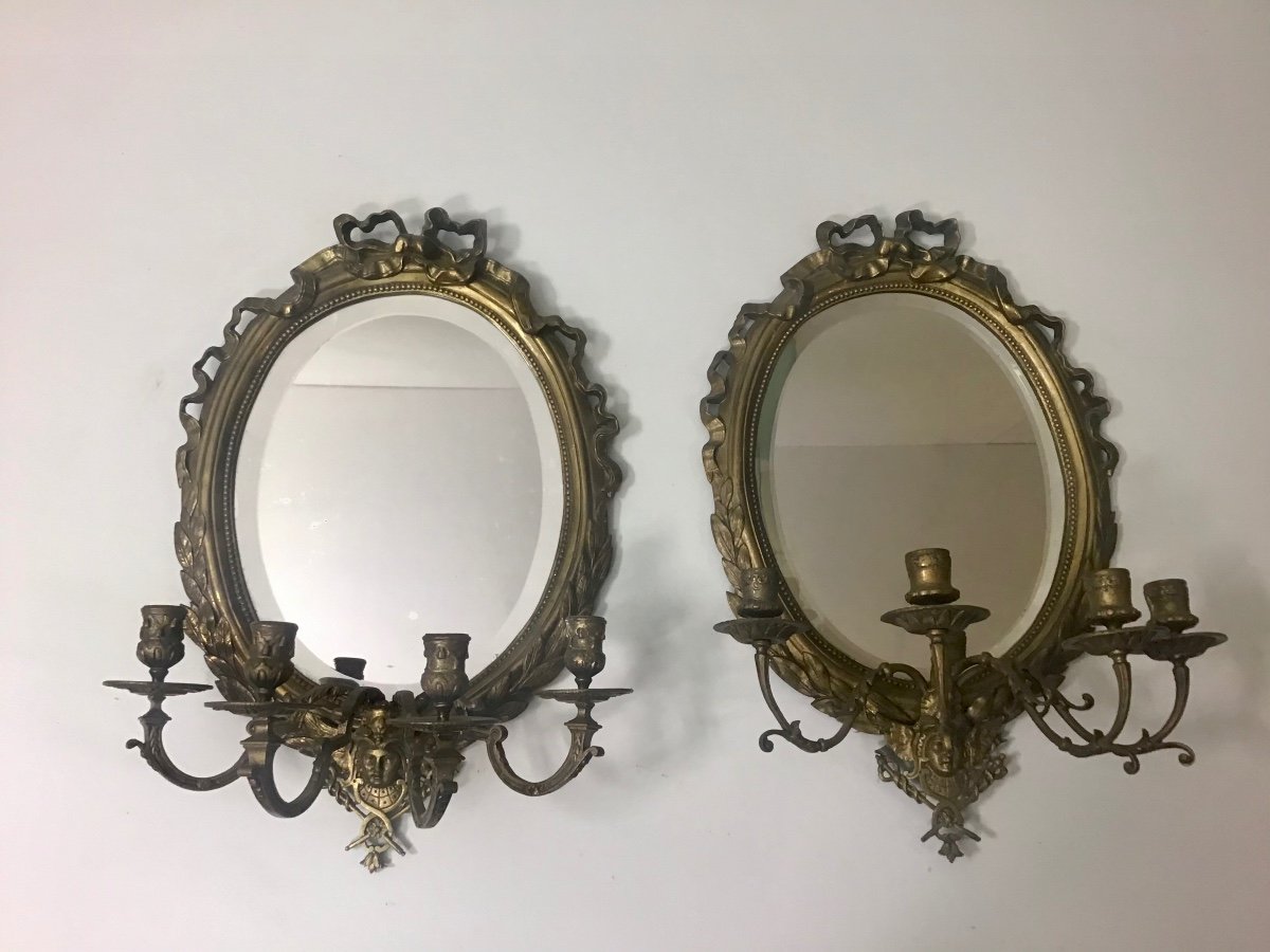 Deux Appliques Louis XVI Bronze Et Miroirs 4 Bras De Lumière 19eme Siècle-photo-2