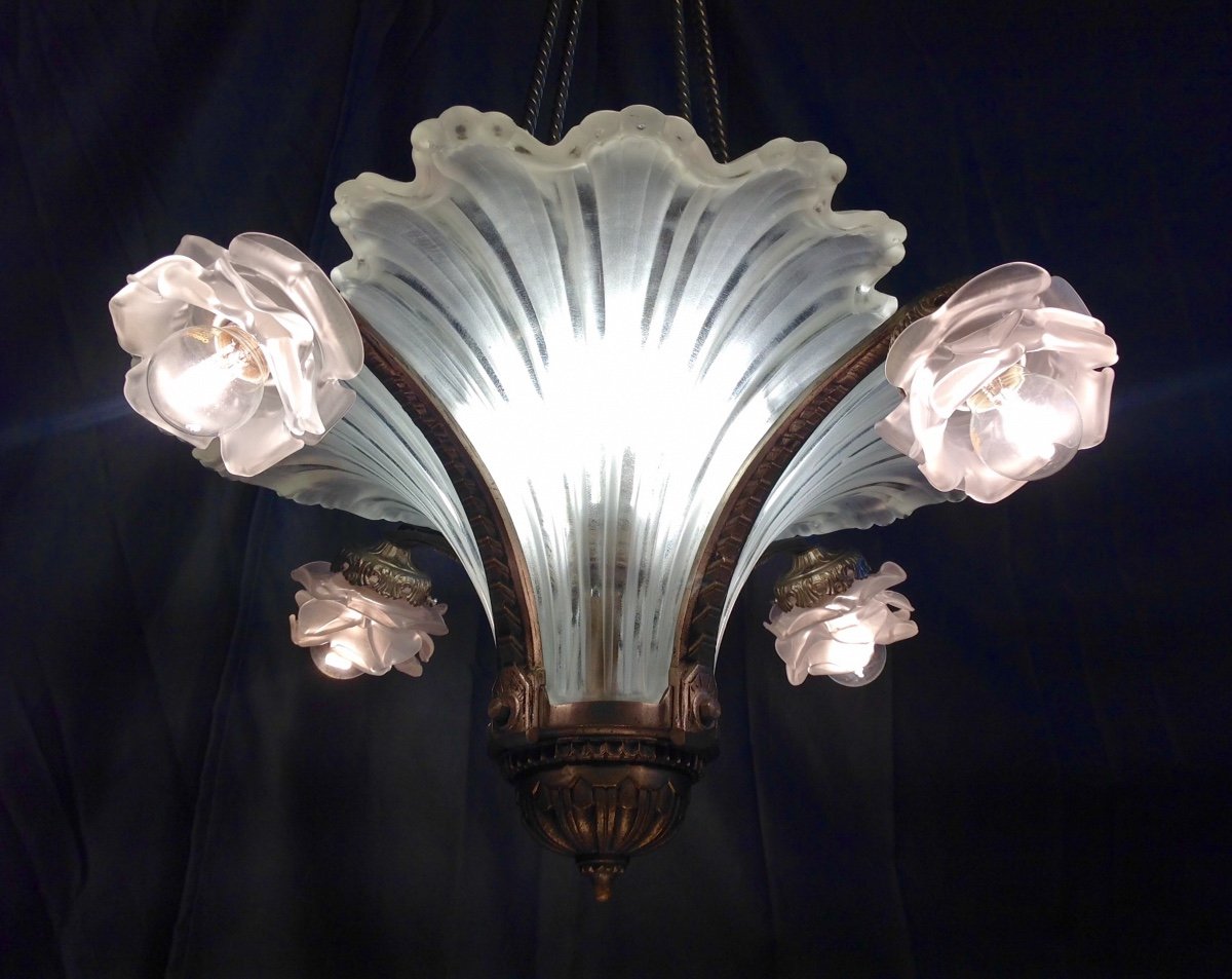 Chandelier 1920 Art Deco Style Glass Slip In The Shape Of Waves And Pewter-photo-2