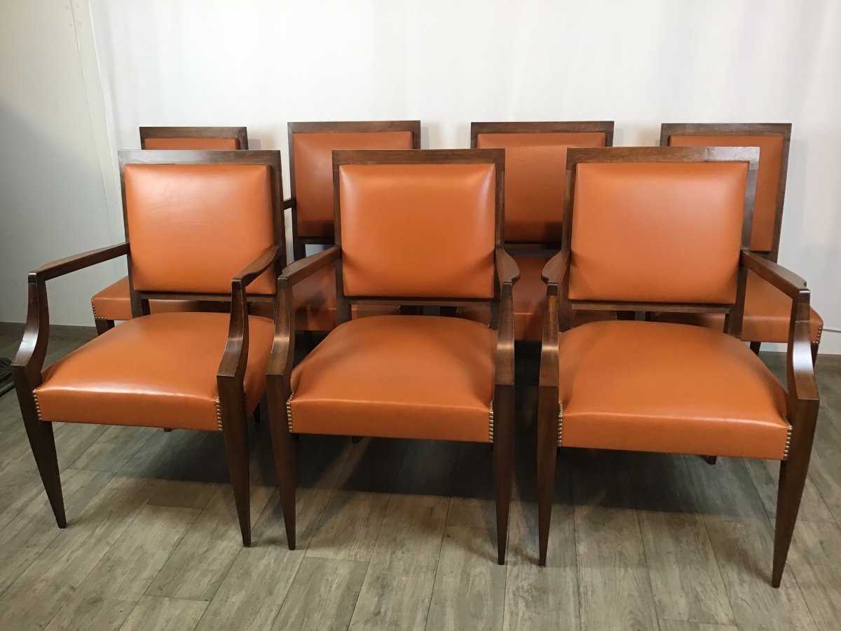 7 Sièges 1940 Cuir Fauve 5 Fauteuils Et 2 Chaises de salle à manger Art Deco Acajou Massif-photo-1