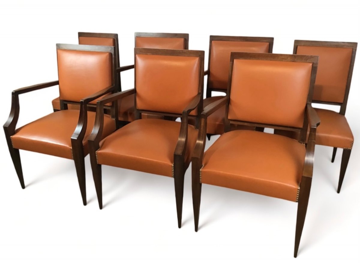 André Arbus 7 Si&egrave;ges 1940 Cuir Fauve Fauteuils Chaises Art Deco