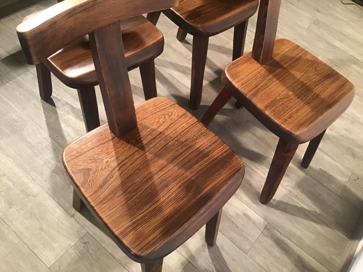 Suite Of 4 T Chairs By Olavi Hanninen 1950 Brutalist Design In Solid Elm-photo-3