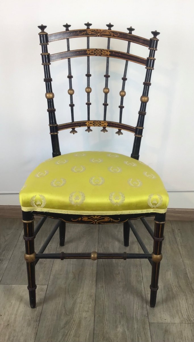 Chaise Napoléon III Assise De Soie Jaune à Décors D’abeille Et Lauriers, Symbole Du 1er Empire-photo-2