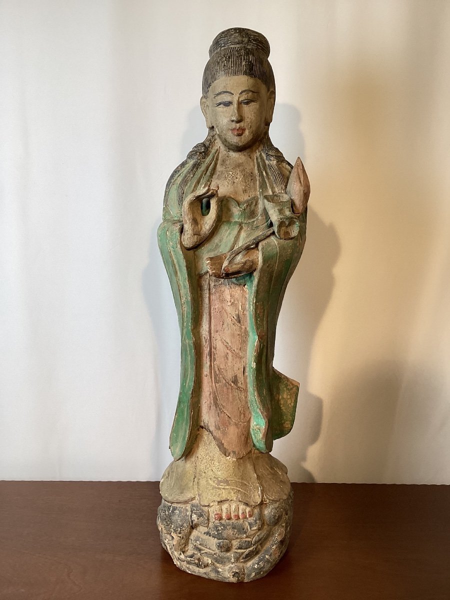 Statue Divinité En Bois Polychrome 89cm Chine XIXeme Siècle