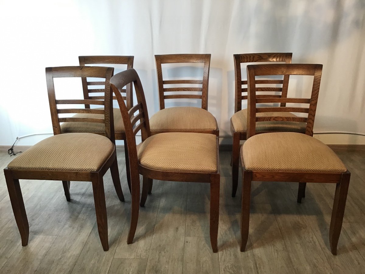 6 Modernist Art Deco Chairs 1940 In Solid Oak-photo-2