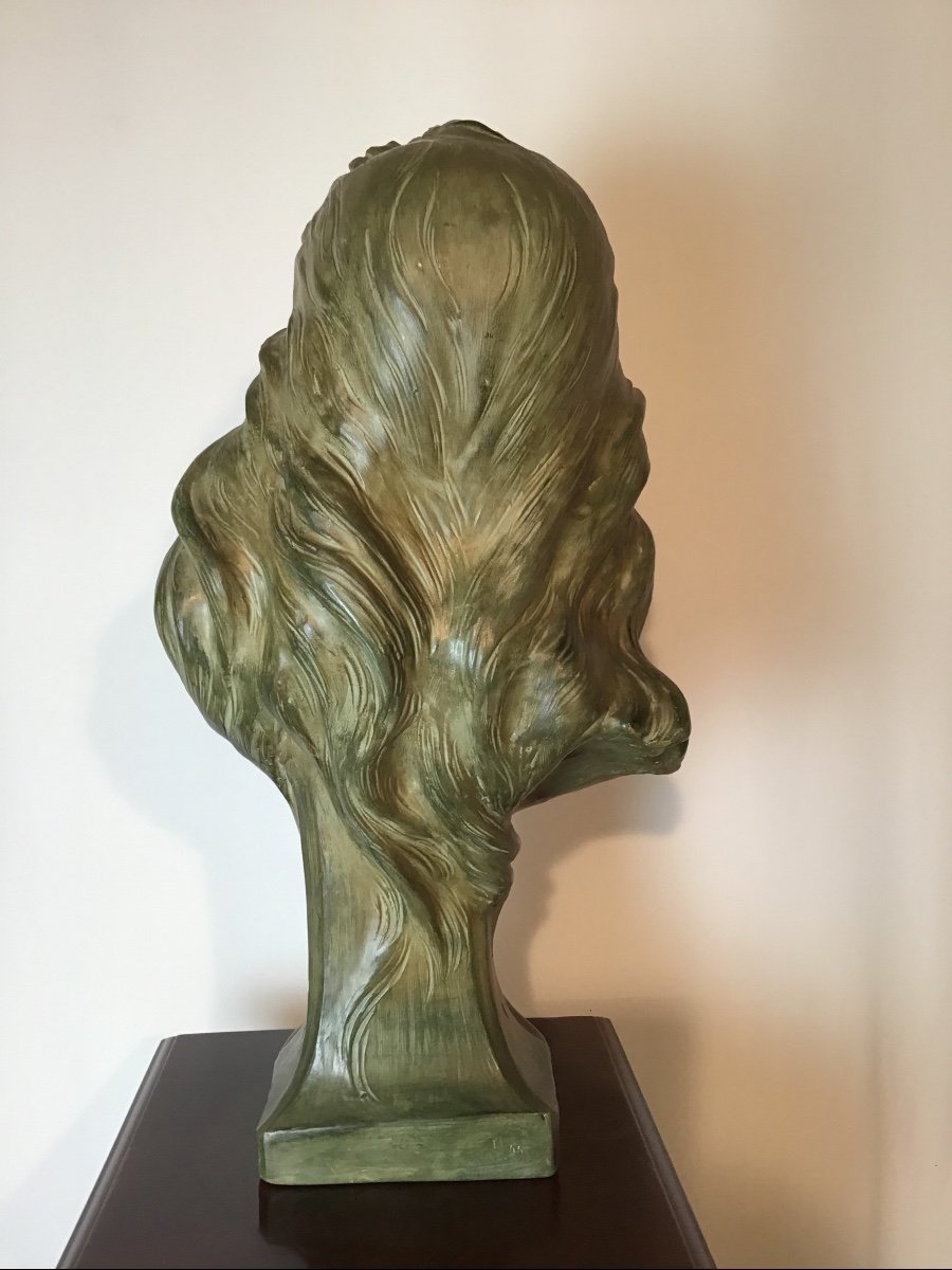 Bust Signed 1900 Art Nouveau Period Of Woman With Abundant Hair Terracotta-photo-2